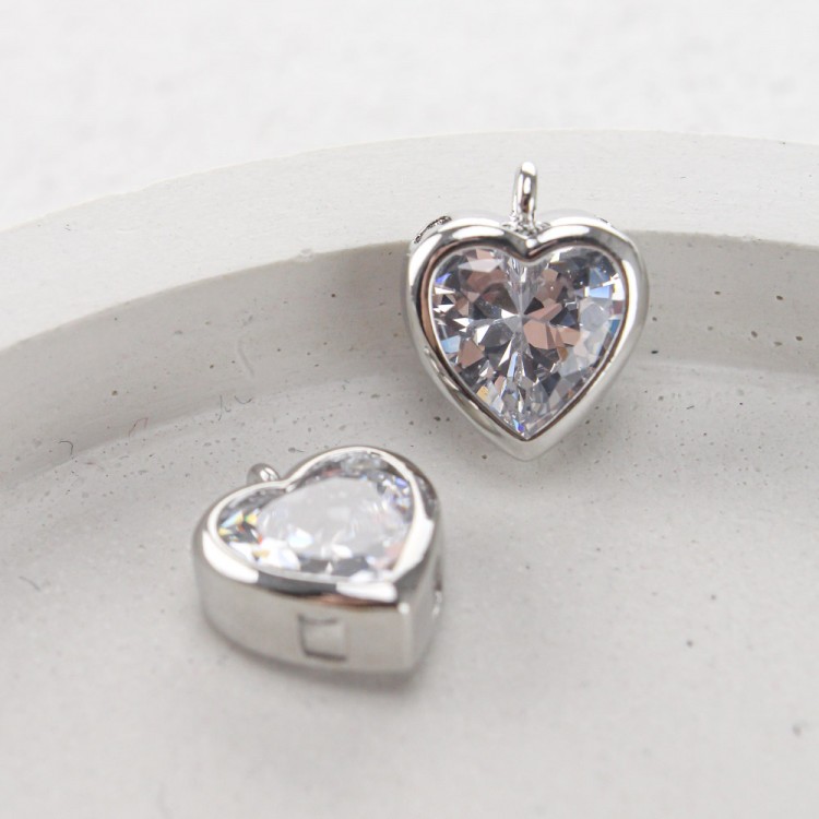 Подвеска сердце с фианитом, 10 мм, цв.Серебро