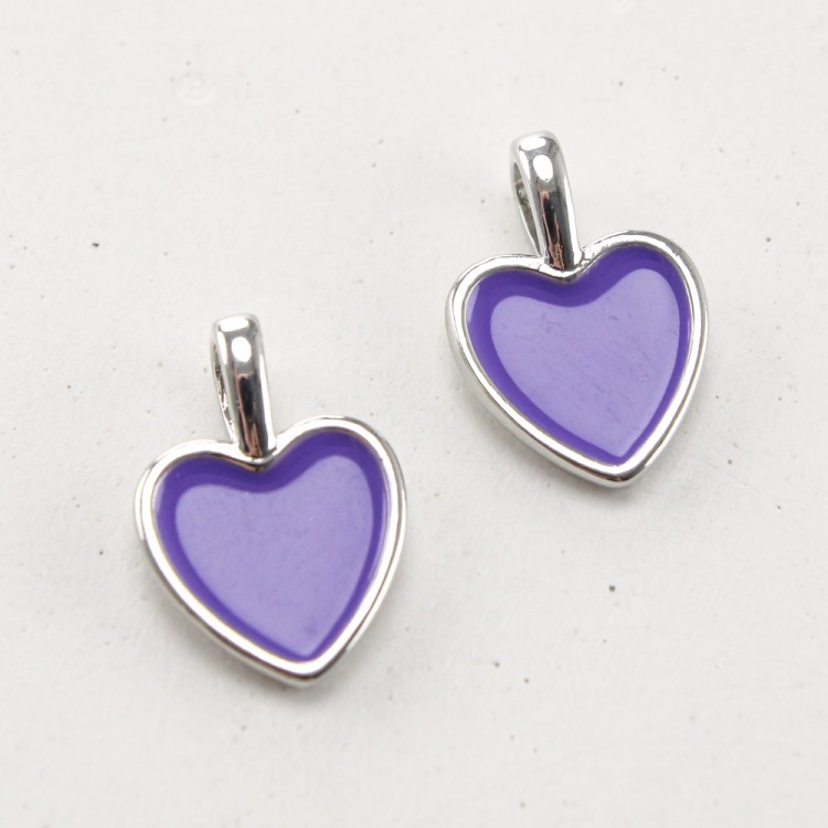Подвеска сердце с фиолетовой эмалью, 10мм, цв.Серебро