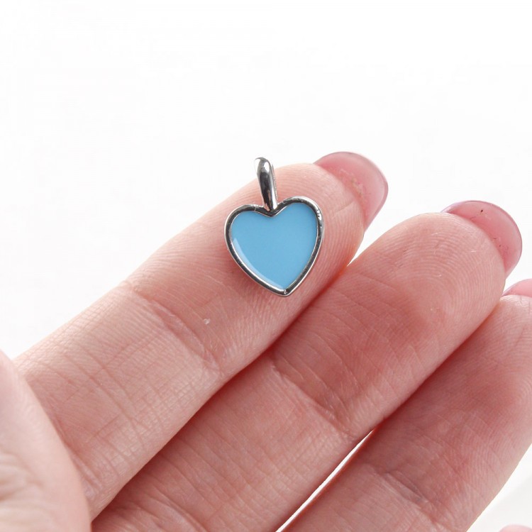 Подвеска сердце с голубой эмалью, 10мм, цв.Серебро