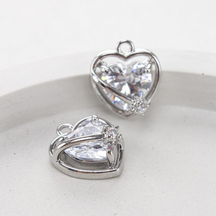 Подвеска сердце с фианитами, 13 мм, цв.Серебро