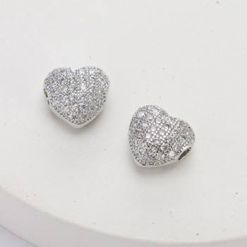 Декоративная разделительная бусина "Сердце" с фианитами, 10 мм, цв.Серебро, 1 шт.